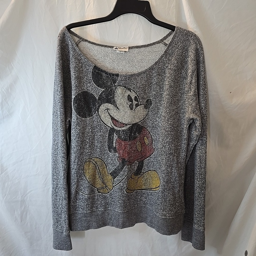 Disney Parks Mickey‎ Mouse Sweatshirt Distressed Graphic Gray Long Crew Neck XL